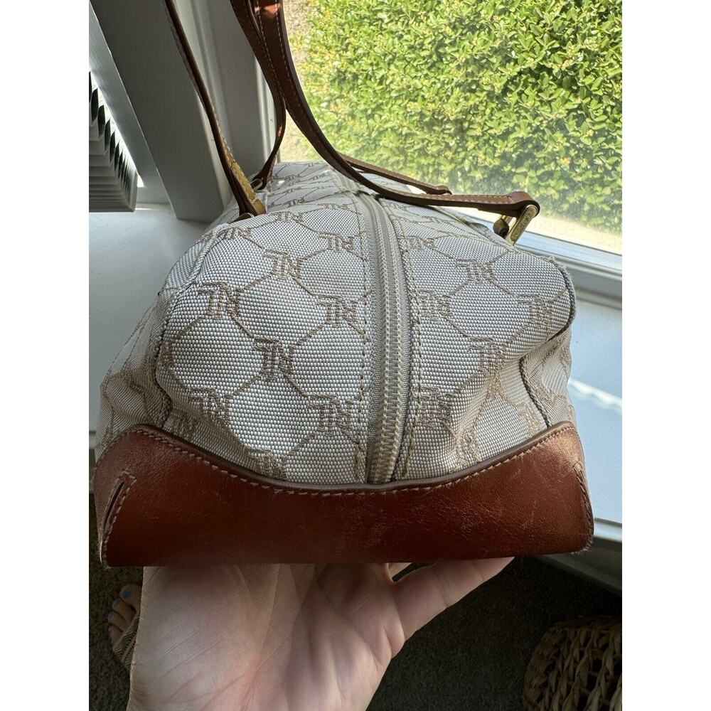 Vtg Women's Lauren Ralph Lauren Handbag All Pattern Beige Canvas Carmel Leather - Picture 4 of 8